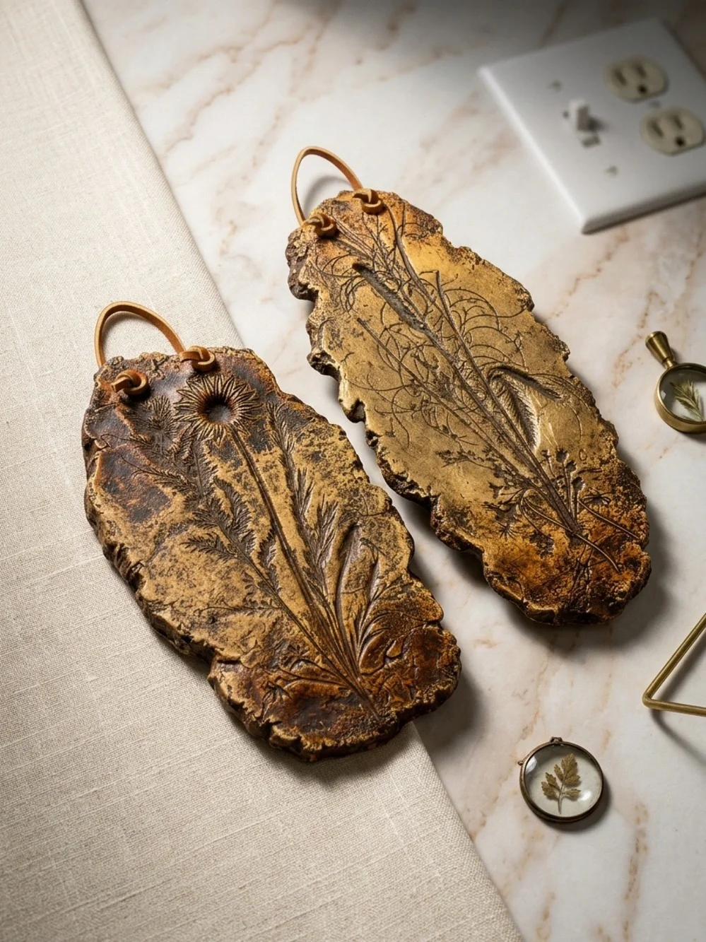 Set of 2 Vintage Style Botanical Embossed Faux Bark Wall Plaques Rustic Decor